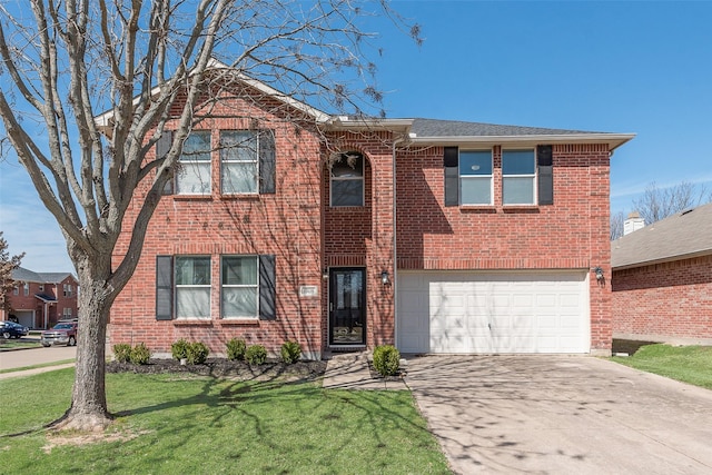 traditional home with brick siding, concrete driveway, and a front yard