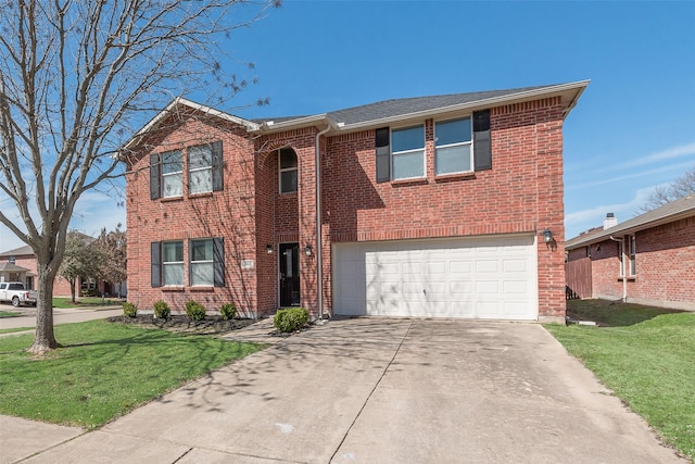 traditional-style house with brick siding, driveway, and a front lawn