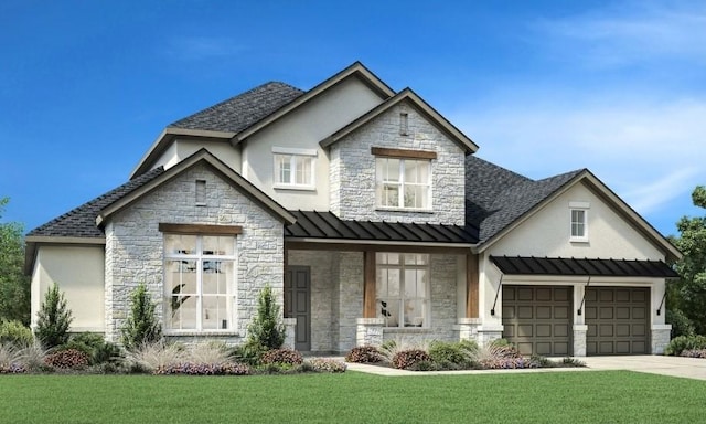 2440 Dena Dr, Prosper, TX 75078 - view of front of home featuring stone siding, stucco siding, a standing seam roof, and a front yard
