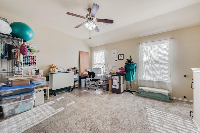 207 Patriot Pkwy, Forney, TX 75126 - office area with a ceiling fan, lofted ceiling, and carpet flooring