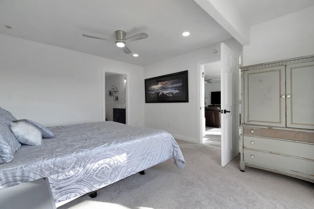 6837 Briar Rd, Azle, TX 76020 - bedroom with light carpet, recessed lighting, baseboards, a ceiling fan, and ensuite bath