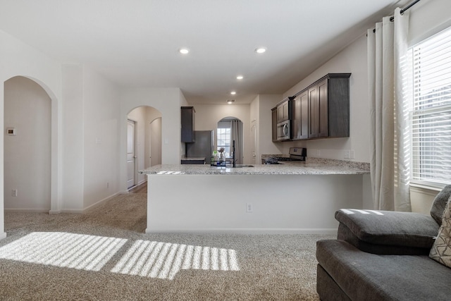 kitchen with light colored carpet, appliances with stainless steel finishes, arched walkways, a peninsula, and open floor plan