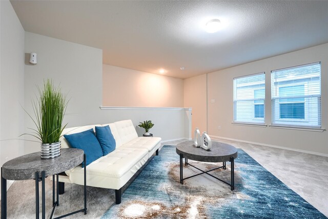interior space with baseboards, carpet floors, and a textured ceiling