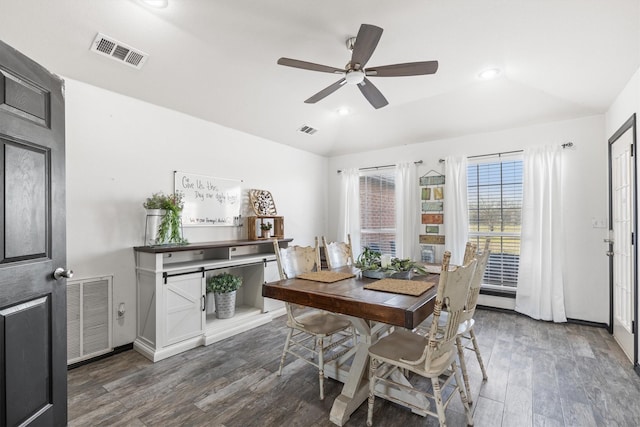dining room with ceiling fan, wood finished floors, and visible vents