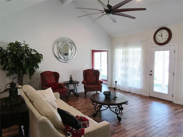 1430 State Highway 87 S, Hemphill, TX 75948 - living room with ceiling fan, a wealth of natural light, high vaulted ceiling, and wood finished floors