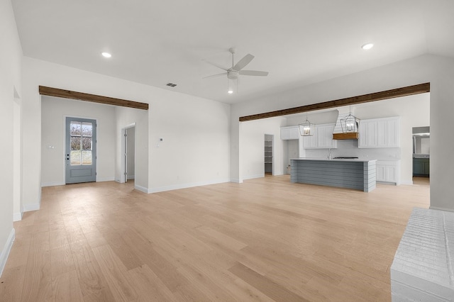 405 Red Roan Rdg, Brock, TX 76087 - unfurnished living room featuring light wood finished floors, visible vents, recessed lighting, and ceiling fan