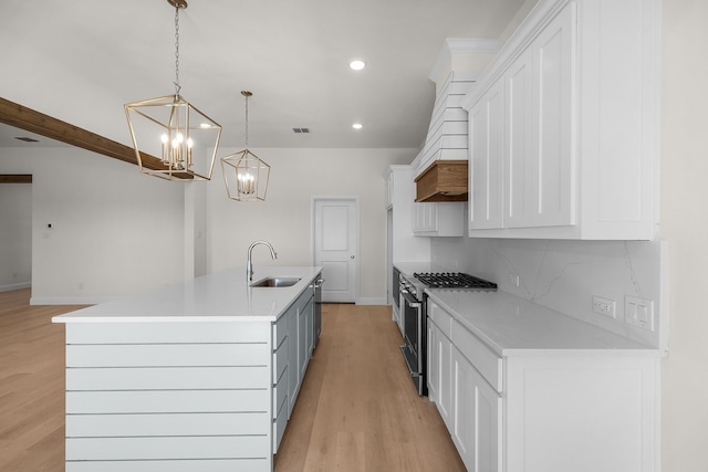 405 Red Roan Rdg, Brock, TX 76087 - kitchen with backsplash, light wood-type flooring, white cabinets, high end stainless steel range, and a sink