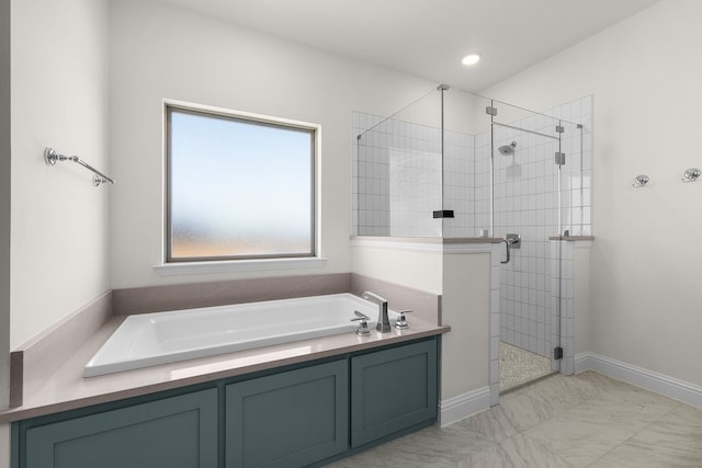 405 Red Roan Rdg, Brock, TX 76087 - full bathroom featuring baseboards, a garden tub, and a stall shower