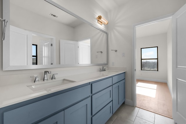 405 Red Roan Rdg, Brock, TX 76087 - full bathroom featuring double vanity, visible vents, tile patterned floors, and a sink