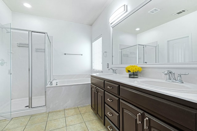 2725 Albatross Ln, Fort Worth, TX 76177 - bathroom with a garden tub, a shower stall, double vanity, and tile patterned flooring
