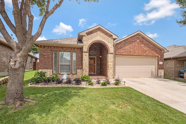 2725 Albatross Ln, Fort Worth, TX 76177 - view of front of house featuring brick siding, a garage, concrete driveway, and a front lawn