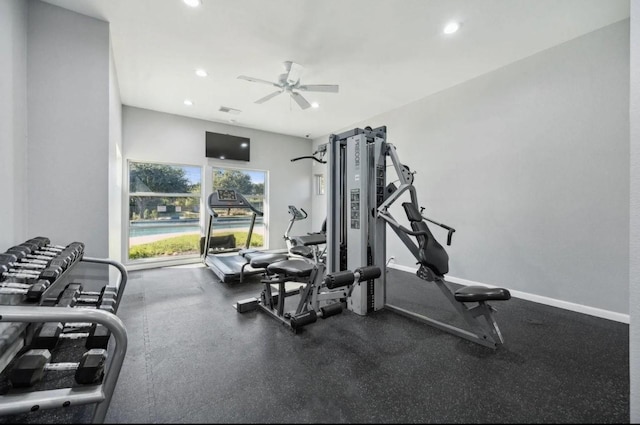2725 Albatross Ln, Fort Worth, TX 76177 - exercise room featuring a ceiling fan and recessed lighting