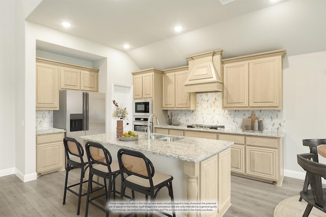 4400 Copper Point Dr, Fort Worth, TX 76036 - kitchen featuring appliances with stainless steel finishes, custom exhaust hood, light brown cabinets, backsplash, and lofted ceiling