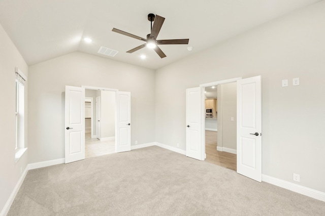 4400 Copper Point Dr, Fort Worth, TX 76036 - unfurnished bedroom with light colored carpet, vaulted ceiling, recessed lighting, and ceiling fan