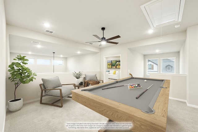 4400 Copper Point Dr, Fort Worth, TX 76036 - rec room featuring attic access, carpet floors, recessed lighting, ceiling fan, and billiards