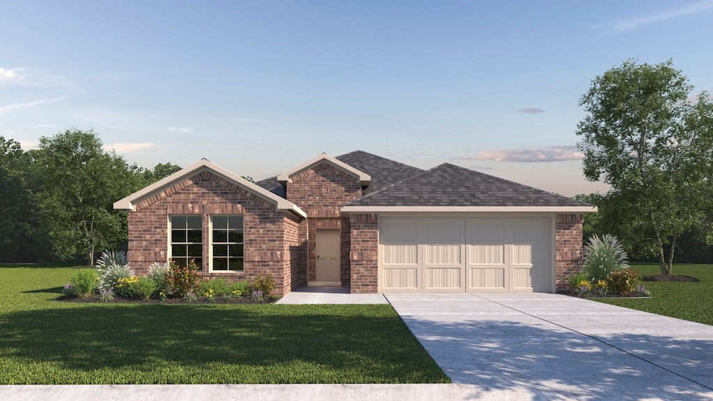 ranch-style house with brick siding, a shingled roof, concrete driveway, a front yard, and a garage