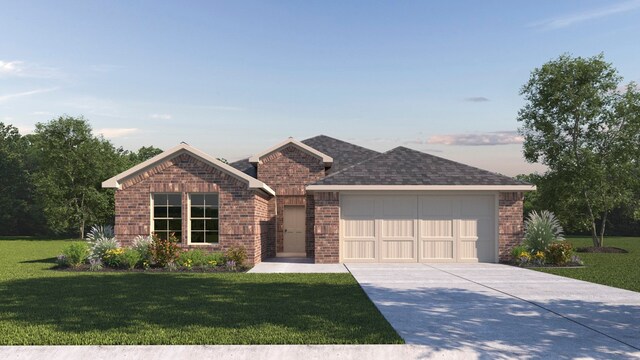 ranch-style house with brick siding, a shingled roof, concrete driveway, a front yard, and a garage