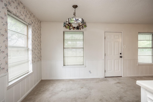unfurnished dining area with a textured ceiling, carpet, and a wainscoted wall