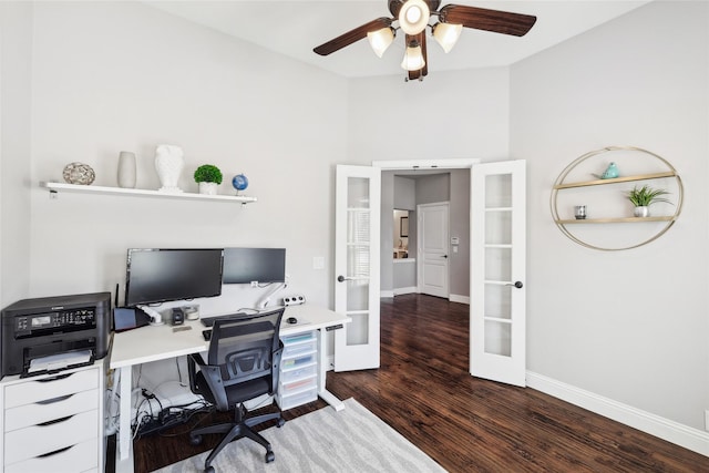 9413 Lakeway Dr, Denton, TX 76226 - office space featuring french doors, ceiling fan, wood finished floors, and baseboards
