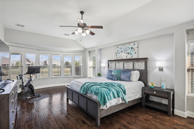 9413 Lakeway Dr, Denton, TX 76226 - bedroom with wood finished floors, vaulted ceiling, baseboards, and ceiling fan