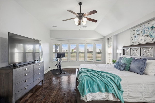 9413 Lakeway Dr, Denton, TX 76226 - bedroom with wood finished floors, lofted ceiling, baseboards, and ceiling fan