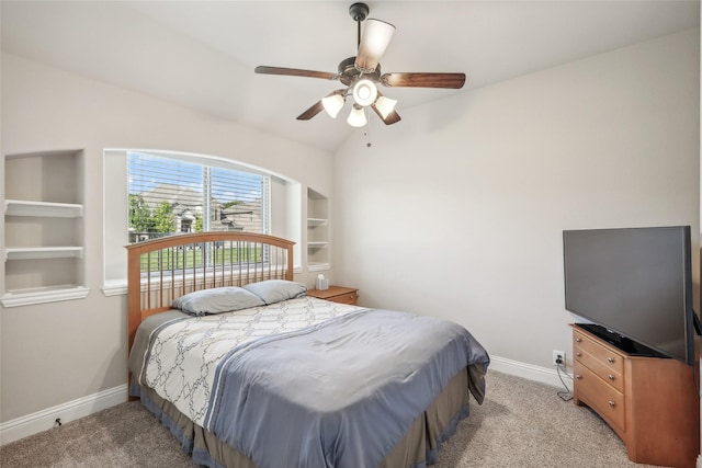 9413 Lakeway Dr, Denton, TX 76226 - bedroom with baseboards, vaulted ceiling, light colored carpet, and ceiling fan