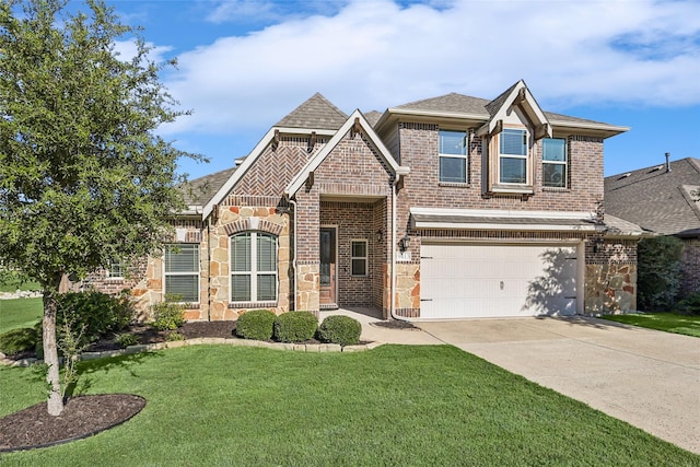 9413 Lakeway Dr, Denton, TX 76226 - view of front of property featuring brick siding, driveway, a front lawn, an attached garage, and stone siding