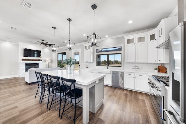 kitchen with visible vents, a sink, decorative backsplash, appliances with stainless steel finishes, and ceiling fan with notable chandelier