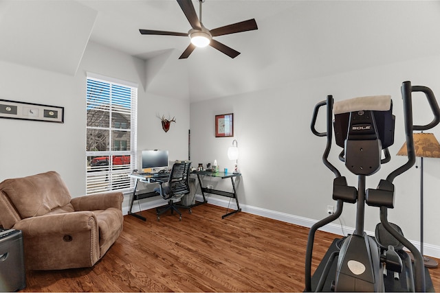 3509 Concord Dr, Melissa, TX 75454 - office with ceiling fan, baseboards, wood finished floors, and vaulted ceiling