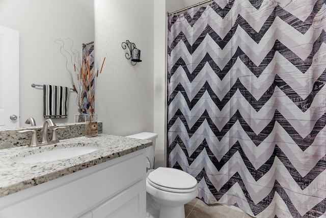 3509 Concord Dr, Melissa, TX 75454 - bathroom featuring vanity, toilet, a shower with shower curtain, and a textured wall