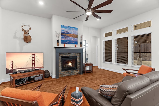 3509 Concord Dr, Melissa, TX 75454 - living area with ceiling fan, a stone fireplace, wood finished floors, baseboards, and recessed lighting