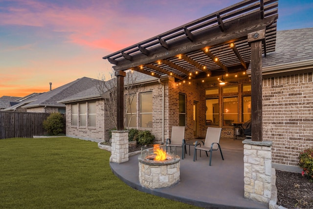3509 Concord Dr, Melissa, TX 75454 - patio terrace at dusk featuring an outdoor fire pit, a pergola, and a patio area