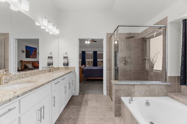 3509 Concord Dr, Melissa, TX 75454 - ensuite bathroom featuring a shower stall, a ceiling fan, double vanity, a bath, and tile patterned flooring