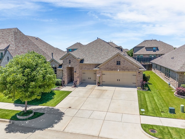 3509 Concord Dr, Melissa, TX 75454 - french provincial home featuring brick siding, driveway, an attached garage, a front yard, and a shingled roof