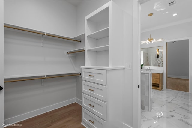 spacious closet with wood finished floors and visible vents