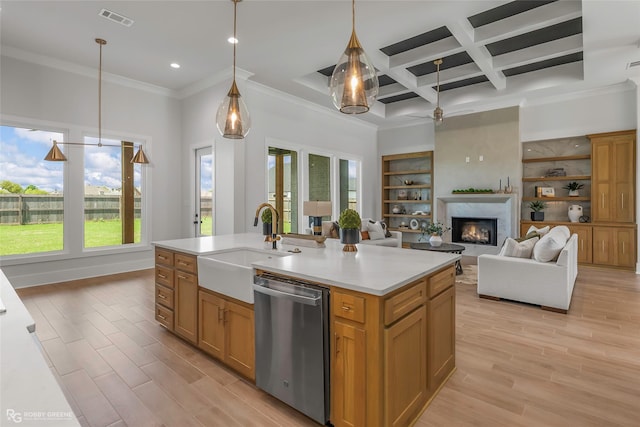 kitchen featuring visible vents, dishwasher, ceiling fan, light wood-style floors, and coffered ceiling