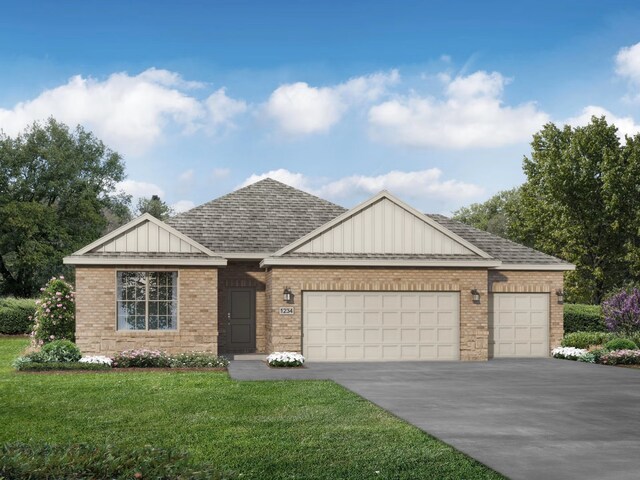 214 Briarwood Dr, Nevada, TX 75173 - ranch-style home with driveway, a shingled roof, a front lawn, a garage, and brick siding
