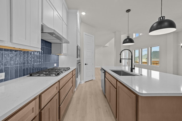 2012 Tolleson Dr, Fort Worth, TX 76008 - kitchen featuring exhaust hood, appliances with stainless steel finishes, light wood-style flooring, backsplash, and a kitchen island with sink