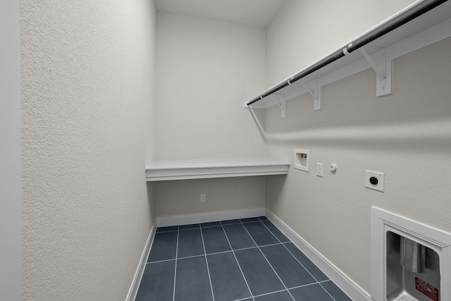 2012 Tolleson Dr, Fort Worth, TX 76008 - laundry room with electric dryer hookup, dark tile patterned flooring, washer hookup, and gas dryer hookup