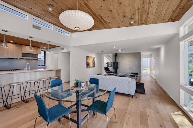 dining room featuring plenty of natural light, wooden ceiling, and light wood-style floors