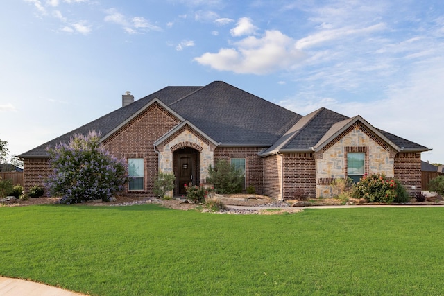 6565 Oak Point Cir, Royse City, TX 75189 - french country style house with a front yard, a shingled roof, a chimney, and brick siding