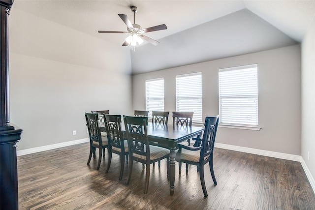 6565 Oak Point Cir, Royse City, TX 75189 - dining area featuring a ceiling fan, lofted ceiling, baseboards, plenty of natural light, and dark wood-type flooring