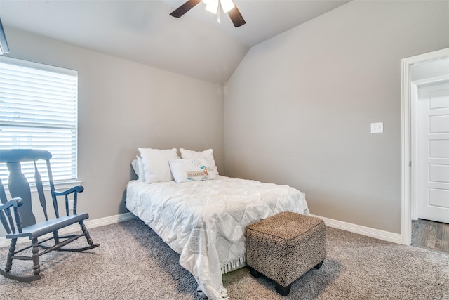6565 Oak Point Cir, Royse City, TX 75189 - bedroom with carpet floors, baseboards, vaulted ceiling, and ceiling fan