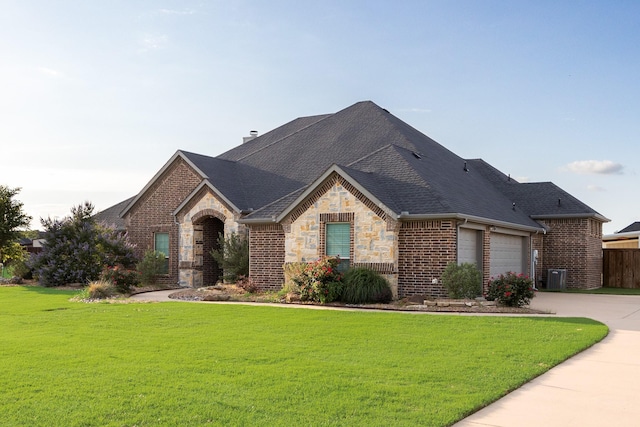6565 Oak Point Cir, Royse City, TX 75189 - french country inspired facade featuring stone siding, driveway, brick siding, roof with shingles, and a garage