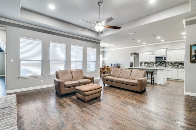 6565 Oak Point Cir, Royse City, TX 75189 - living room featuring a raised ceiling, a ceiling fan, wood finished floors, plenty of natural light, and recessed lighting