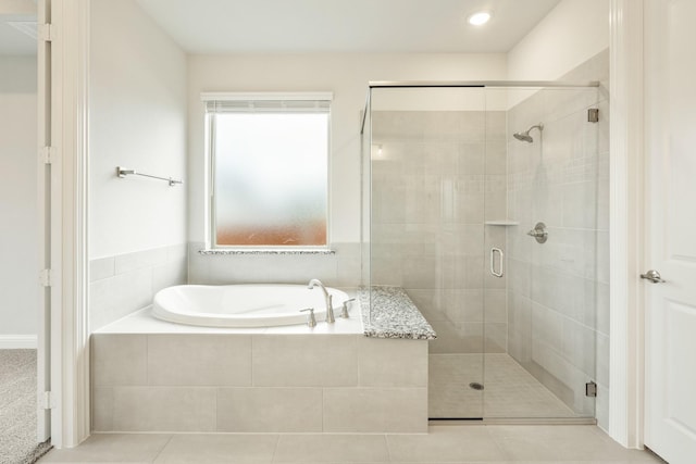 817 Lakewood Ct, Midlothian, TX 76065 - bathroom with a bath, a shower stall, tile patterned floors, and recessed lighting