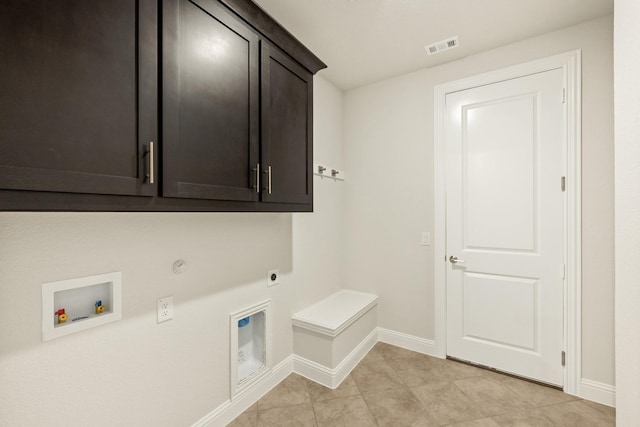 817 Lakewood Ct, Midlothian, TX 76065 - washroom featuring hookup for an electric dryer, cabinet space, washer hookup, baseboards, and light tile patterned floors