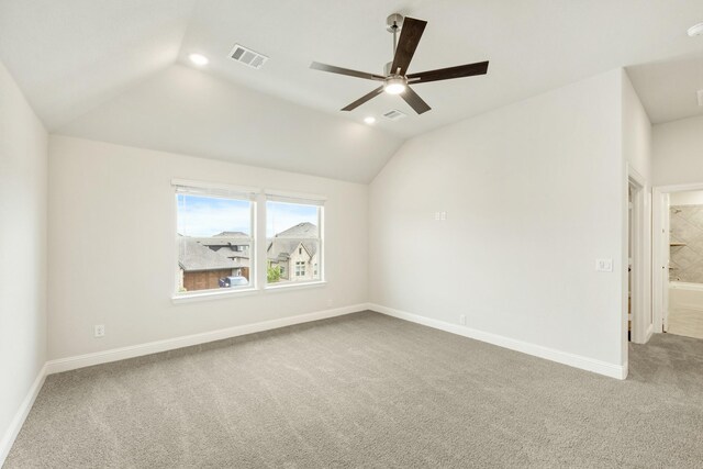 817 Lakewood Ct, Midlothian, TX 76065 - empty room with ceiling fan, carpet flooring, vaulted ceiling, baseboards, and recessed lighting