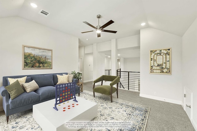 817 Lakewood Ct, Midlothian, TX 76065 - living area with lofted ceiling, carpet flooring, ceiling fan, recessed lighting, and baseboards