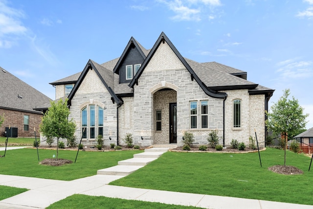 4217 Bel Air Dr, Midlothian, TX 76065 - french provincial home with stone siding, a front yard, a shingled roof, and central AC
